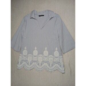 August Silk L Women's Blue White Striped Collared Lace Detail Blouse - EUC